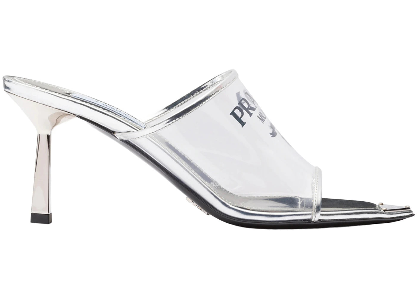 prada plexiglas 75mm pointy high heels silver leather