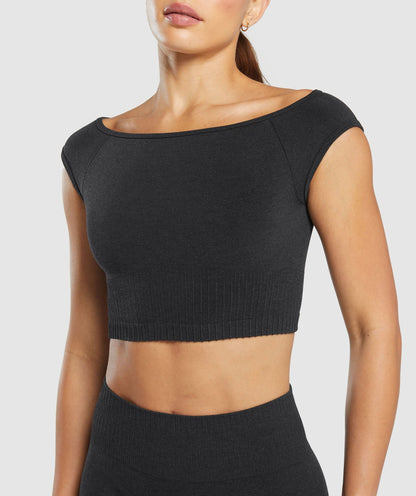 Women's Gymshark Luxe Seamless Boat Neck Crop Top Coal Marl