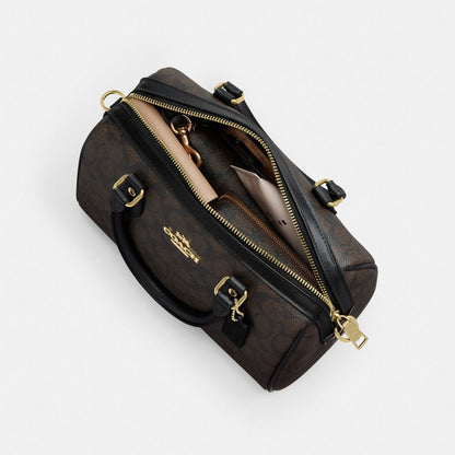 Coach Rowan Satchel Bag In Blocked Signature Canvas Gold Sand Tan