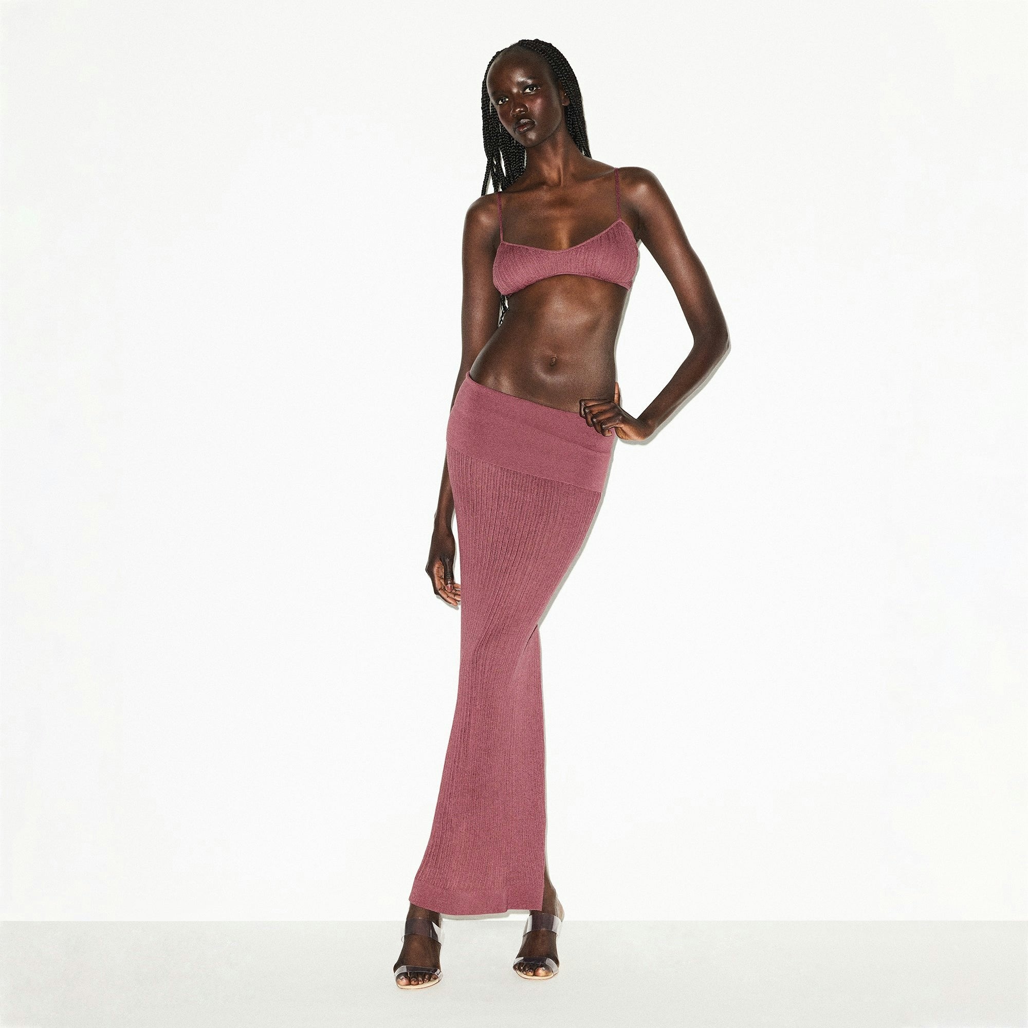 Skims Sheer Knit Foldover Long Skirt Beet