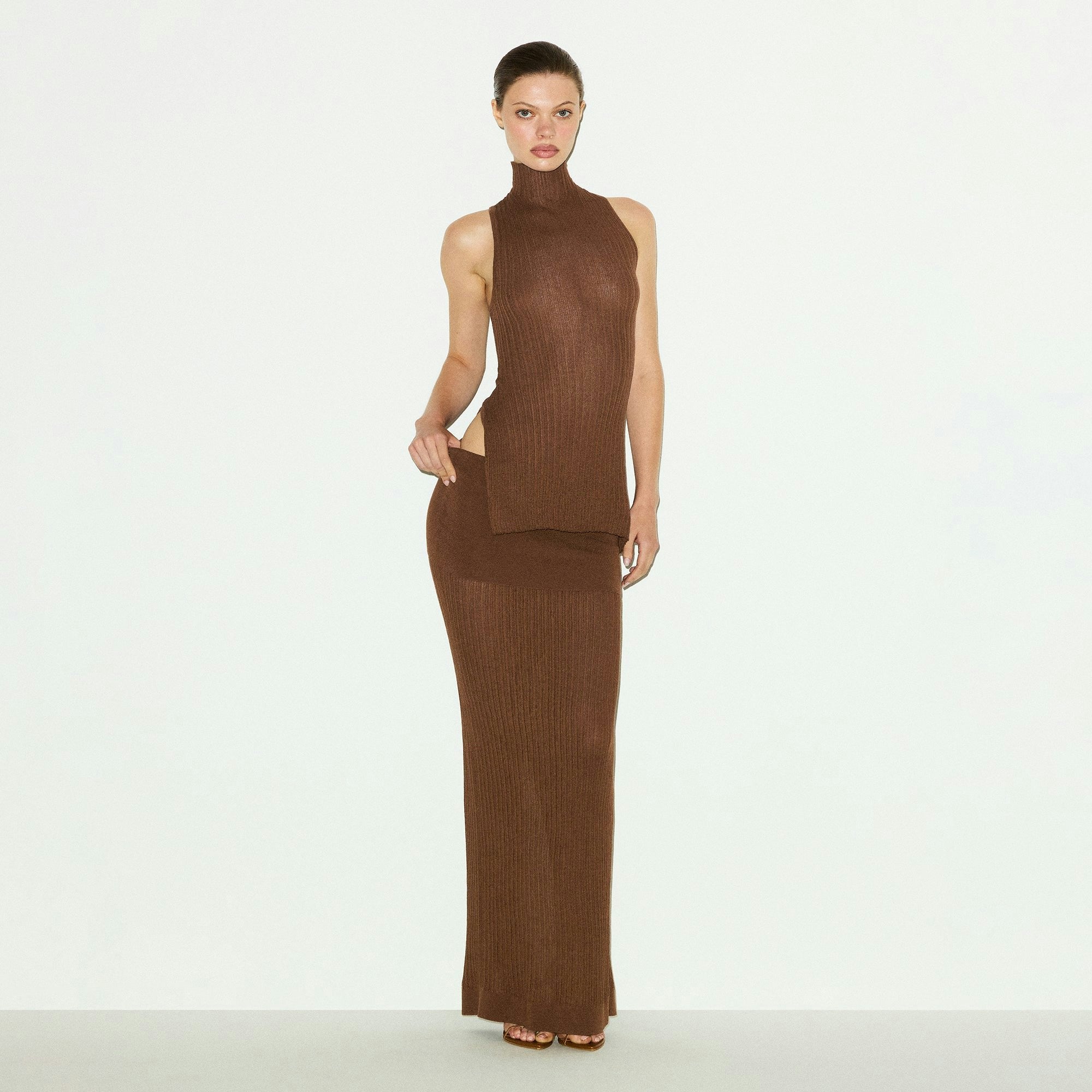 Skims Sheer Knit Foldover Long Skirt Bison