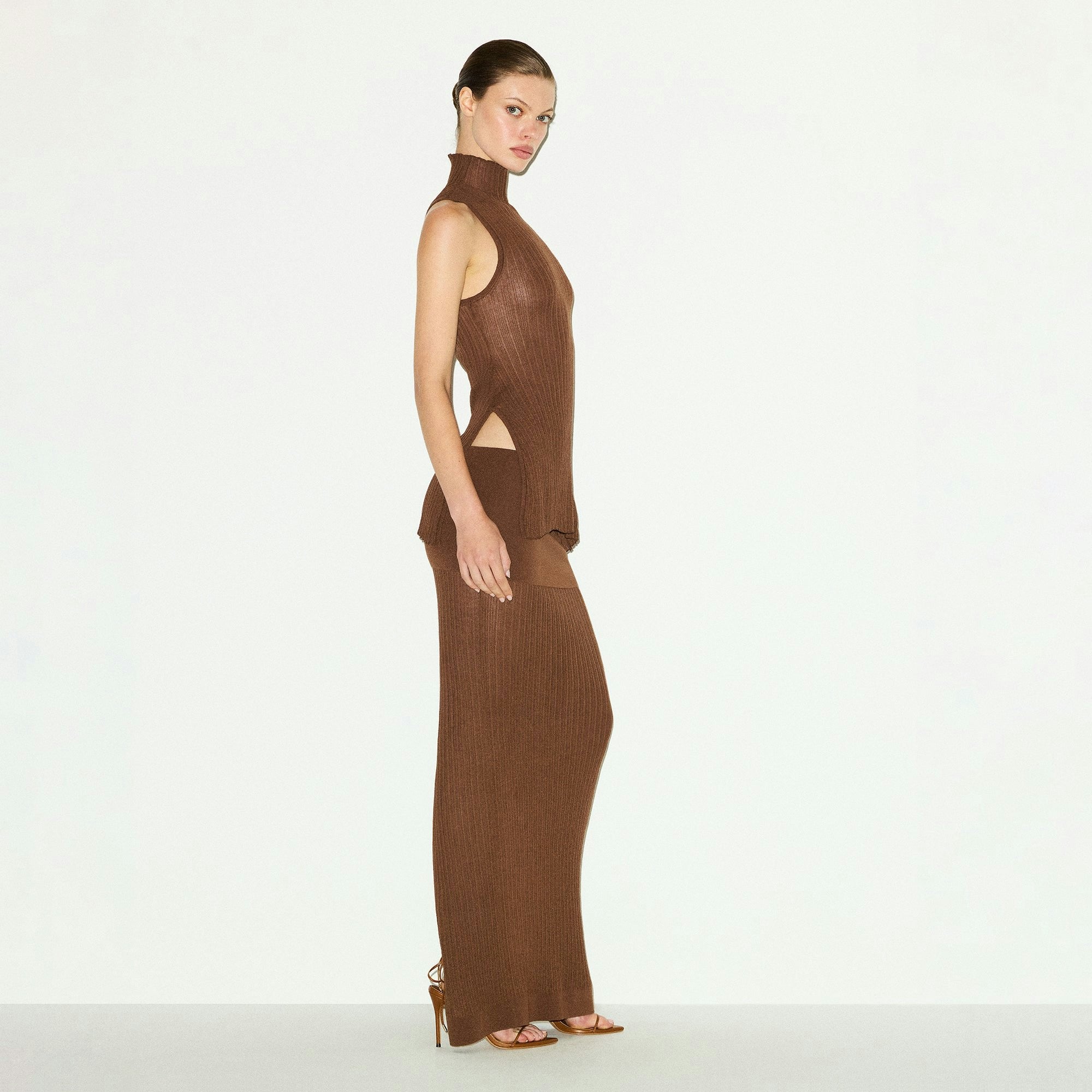 Skims Sheer Knit Foldover Long Skirt Bison