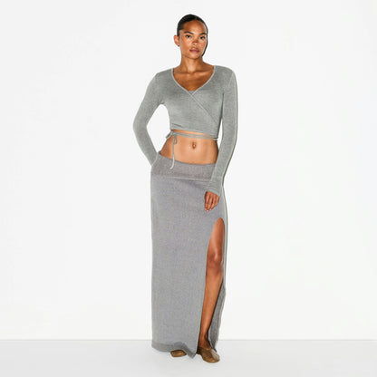 TEXTURED KNIT HIGH SLIT LONG SKIRT