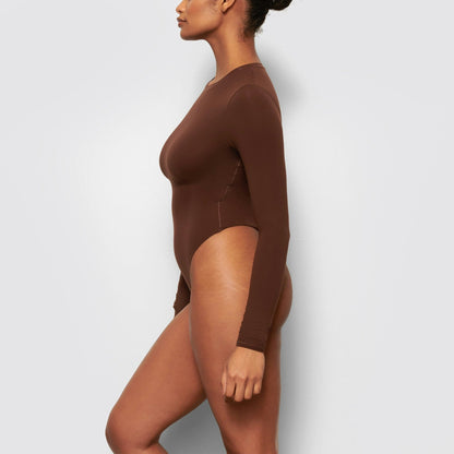 Skims Fits Everybody Long Sleeve Crew Neck Bodysuit Cocoa