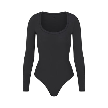 Skims Fits Everybody Long Sleeve Scoop Bodysuit Onyx