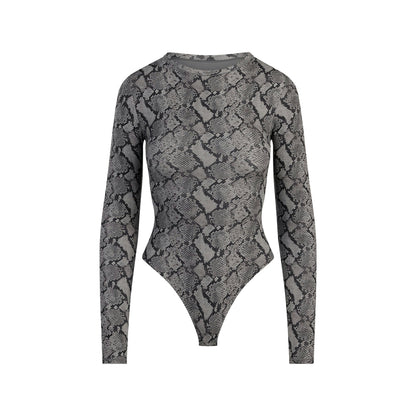 Skims Fits Everybody Long Sleeve Crew Neck Bodysuit Shadow Snake Print