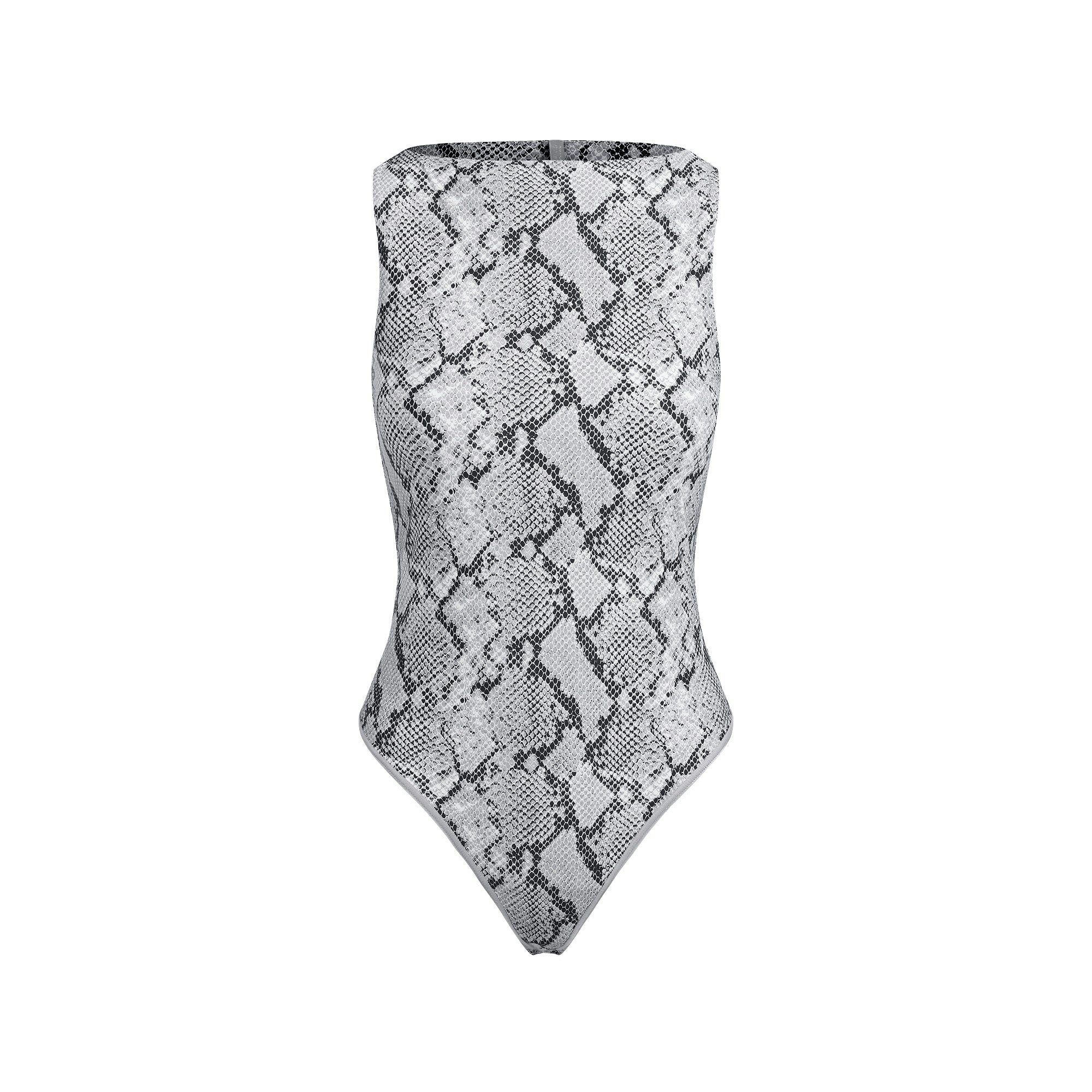Skims Cling Matte Boatneck Bodysuit Chrome Snakeskin Print