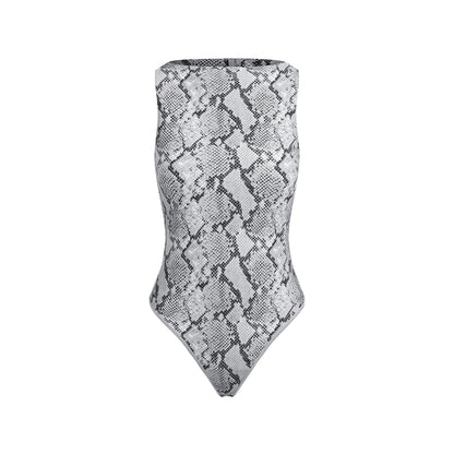 Skims Cling Matte Boatneck Bodysuit Chrome Snakeskin Print
