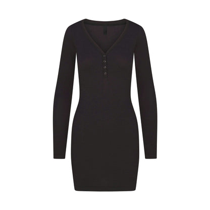 Skims Wool Rib Henley Dress Obsidian