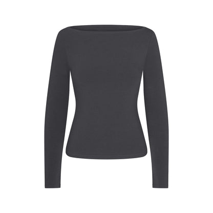 Skims Cotton Jersey Long Sleeve Boatneck Top Ash