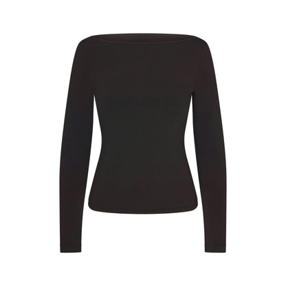 Skims Cotton Jersey Long Sleeve Boatneck Top Soot
