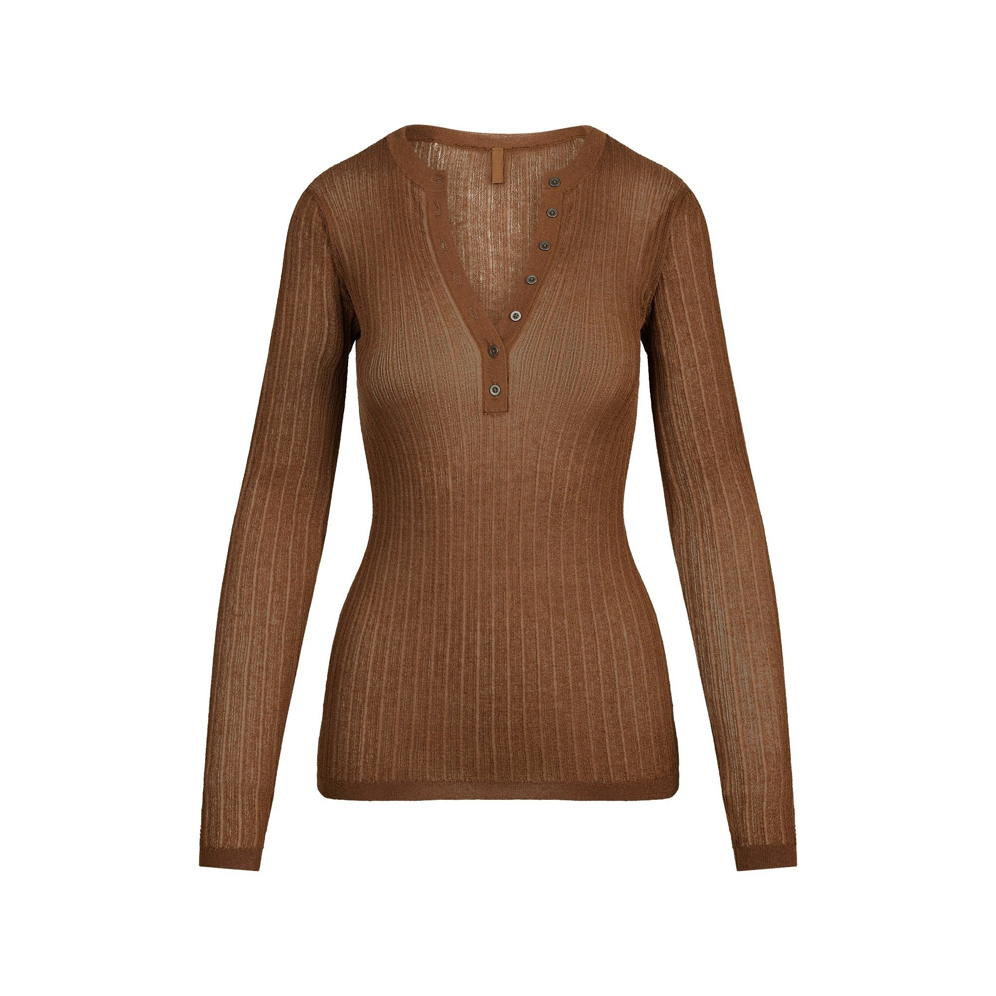 Skims Sheer Knit Long Sleeve Henley Bison