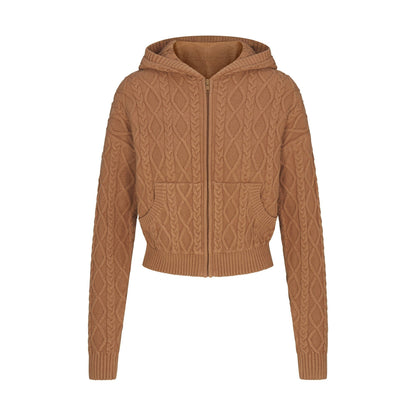 Skims Sweater Knits Cable Knit Shrunken Zip Up Hoodie Dark Honey