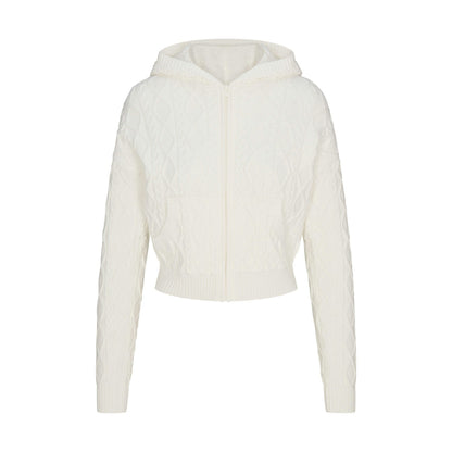 Skims Sweater Knits Cable Knit Shrunken Zip Up Hoodie Ivory