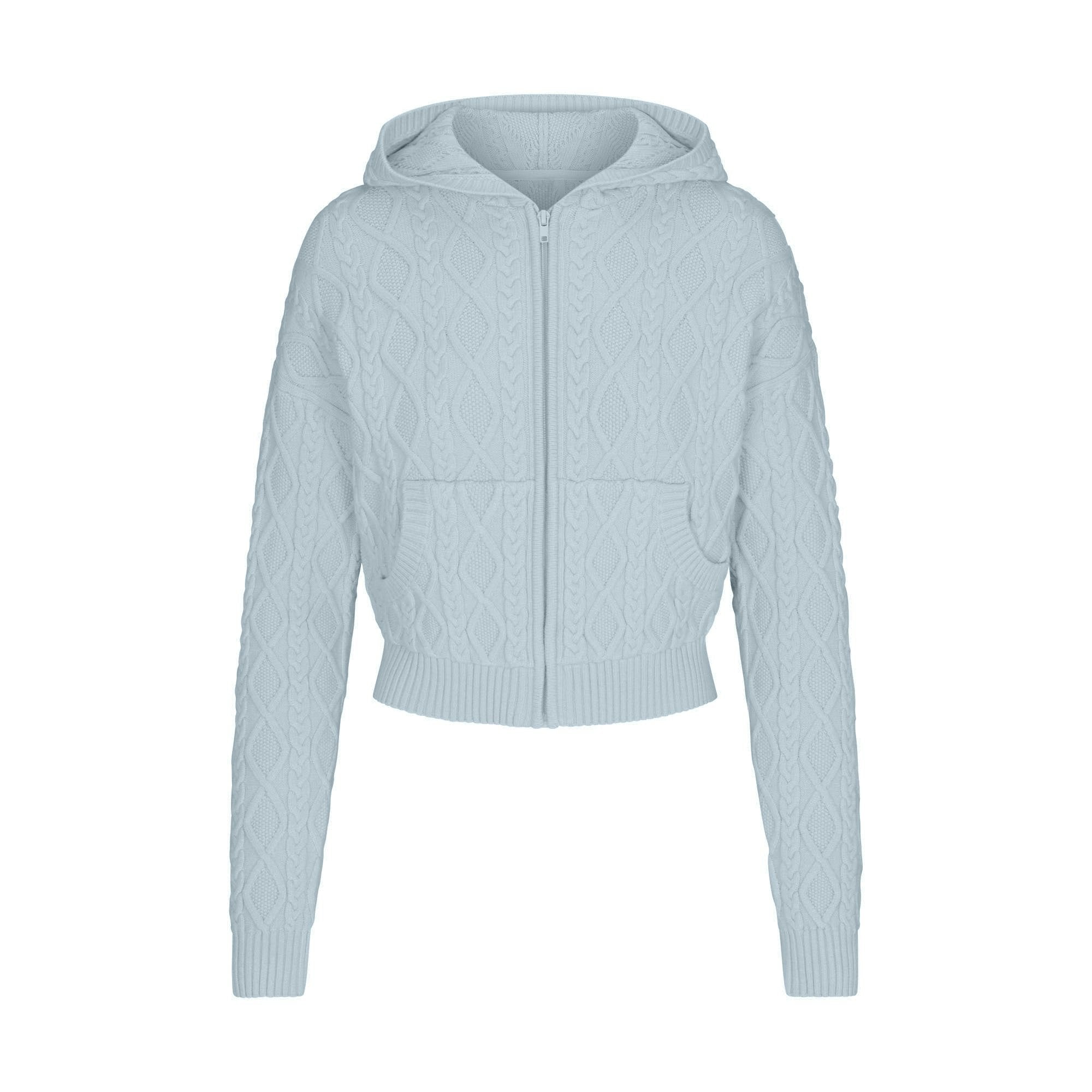 Skims Sweater Knits Cable Knit Shrunken Zip Up Hoodie Zen Blue