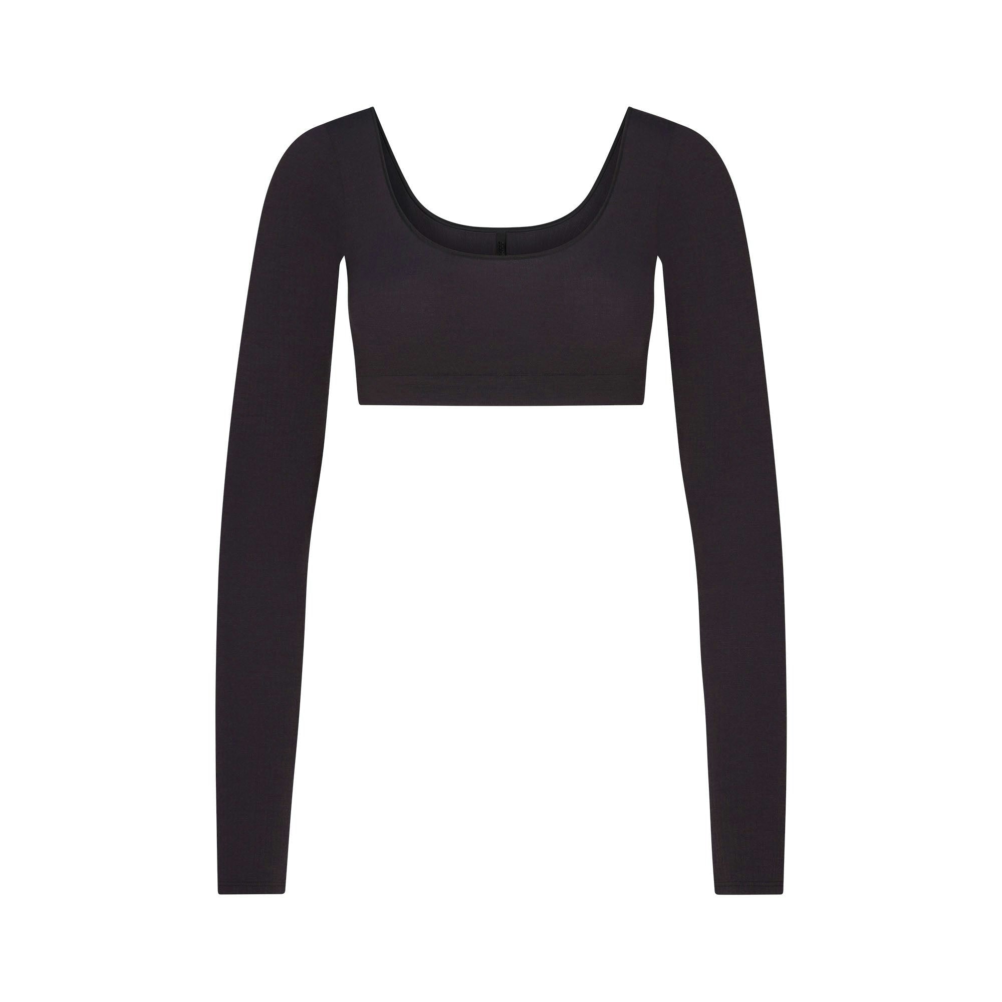 Skims Wool Rib Long Sleeve Super Cropped Top Obsidian