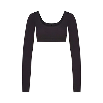 Skims Wool Rib Long Sleeve Super Cropped Top Obsidian