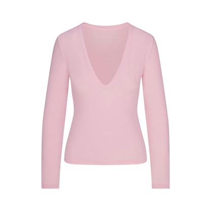 Skims Cotton Jersey Long Sleeve Plunge Top Cherry Blossom