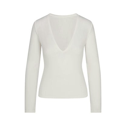 Skims Cotton Jersey Long Sleeve Plunge Top Marble