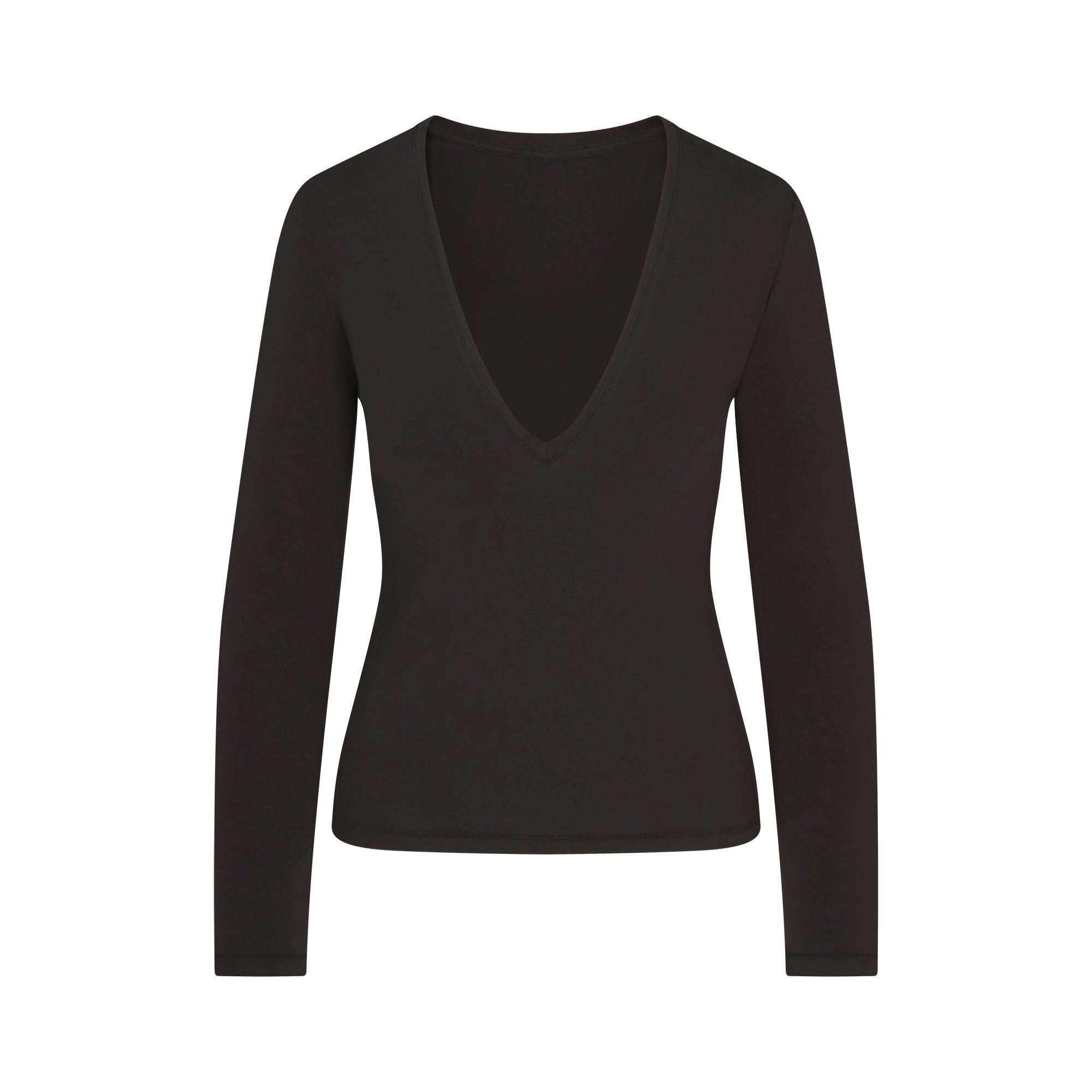 Skims Cotton Jersey Long Sleeve Plunge Top Soot