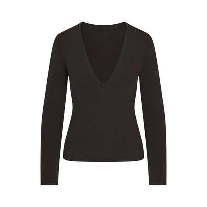 Skims Cotton Jersey Long Sleeve Plunge Top Soot