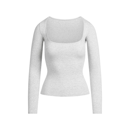 Skims Cotton Jersey Scoop Neck Long Sleeve Top Light Heather Grey