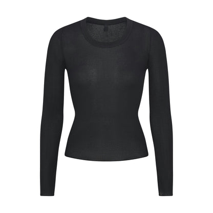 SHEER RIB LONG SLEEVE CREW NECK TOP