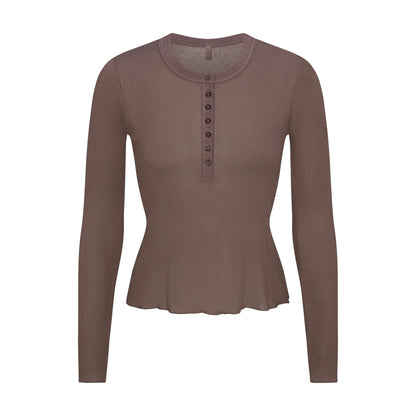 Skims Sheer Rib Long Sleeve Henley Pewter