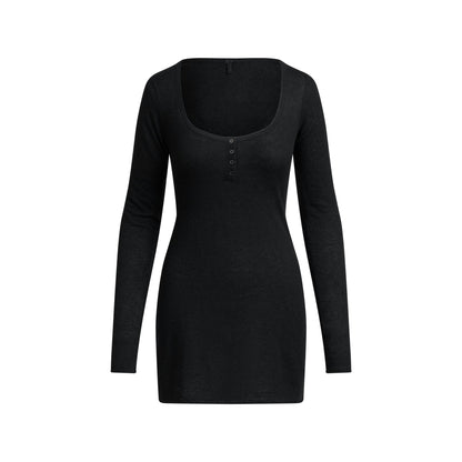 Skims Featherweight Cashmere Henley Mini Dress Onyx