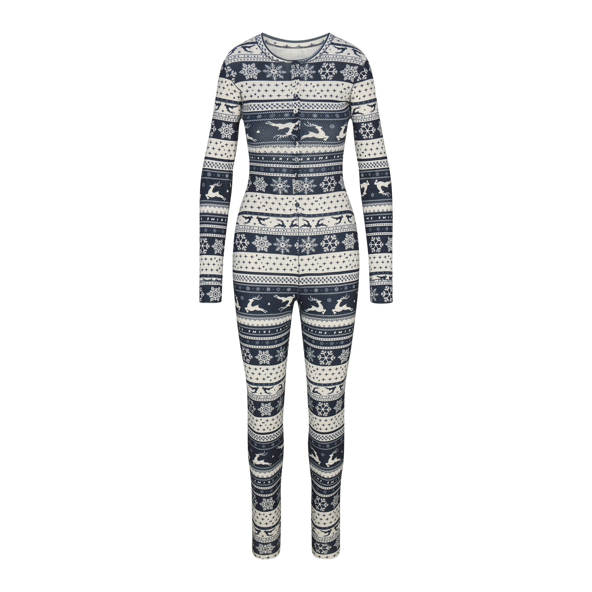 Skims Logo Plush Pointelle Henley Onesie Navy Deer Fair Isle