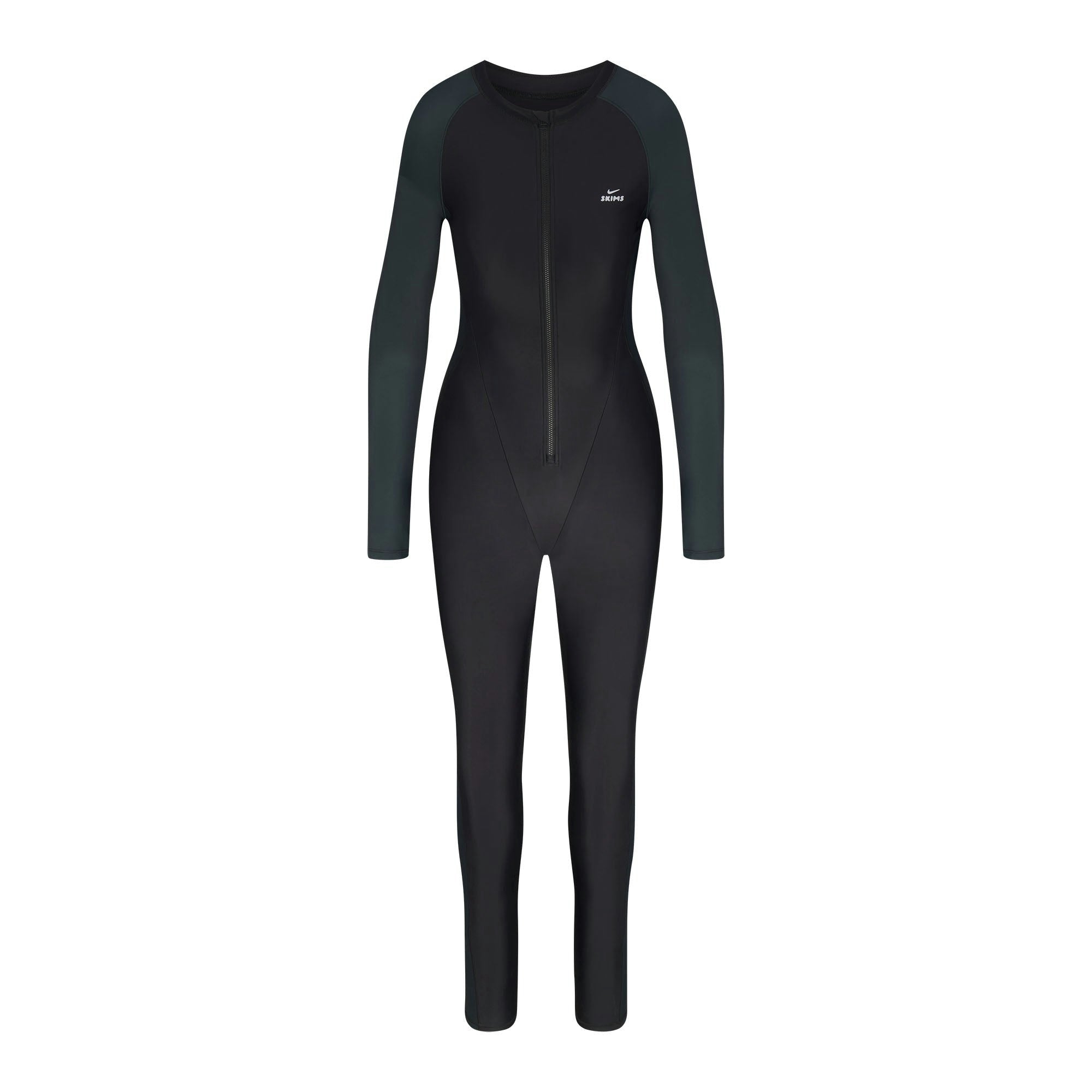 Skims Nikeskims Shine Zip Front Long Onesie Obsidian And Dark Teal