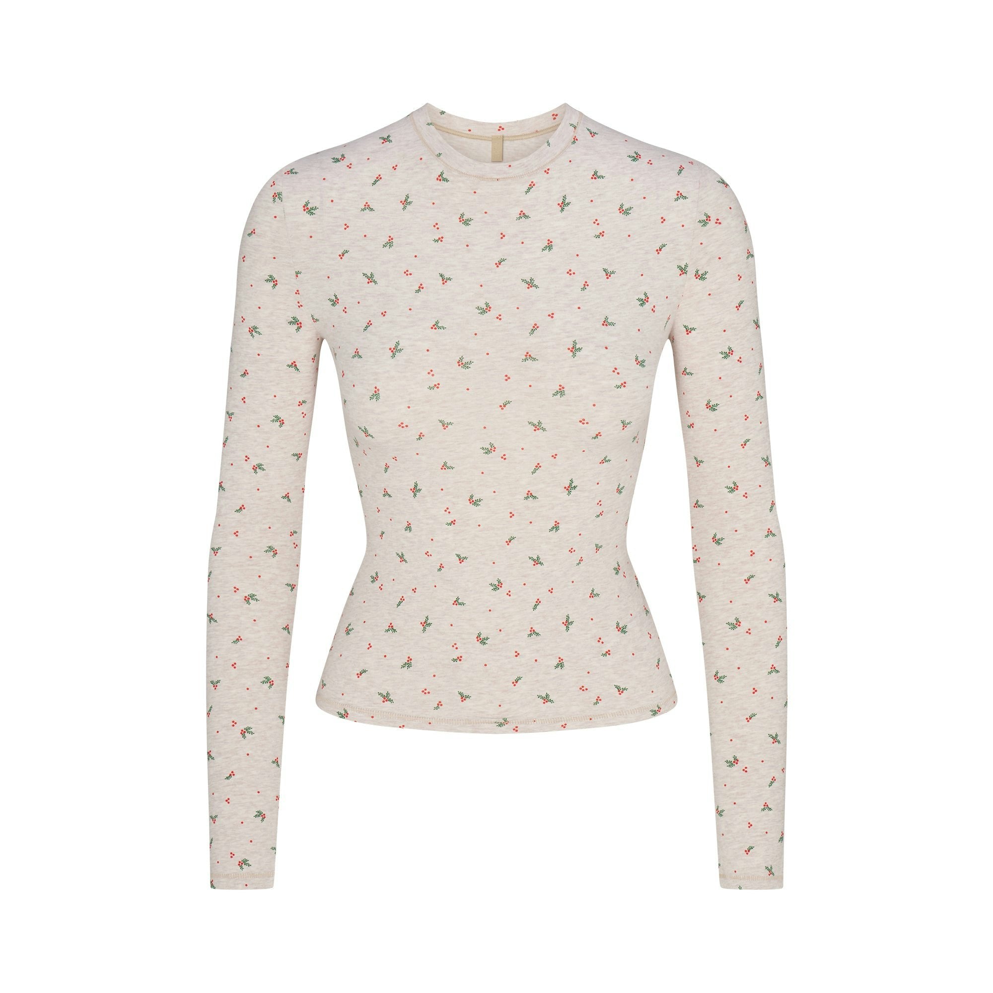 Skims Cotton Jersey Long Sleeve T-Shirt Oatmeal Heather Holly Print