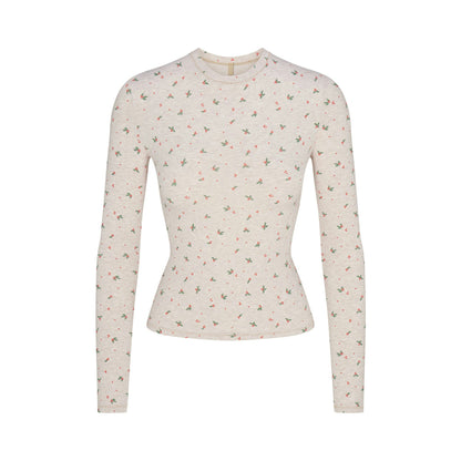 Skims Cotton Jersey Long Sleeve T-Shirt Oatmeal Heather Holly Print