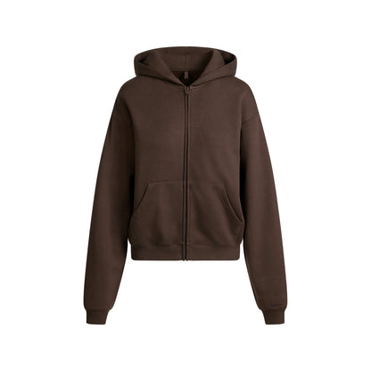 Skims Cotton Fleece Classic Zip Up Hoodie Dark Sepia