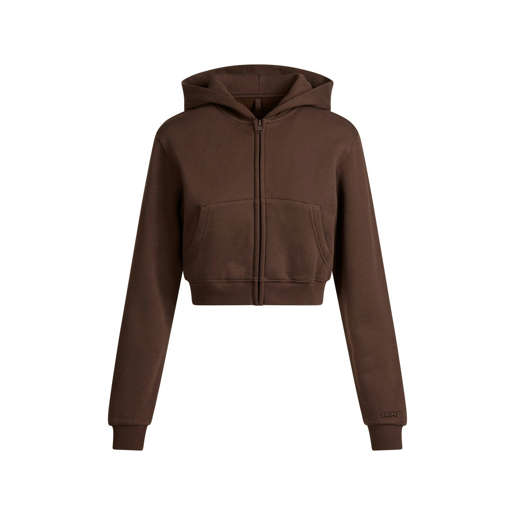 Skims Cotton Fleece Cropped Zip Up Hoodie Dark Sepia