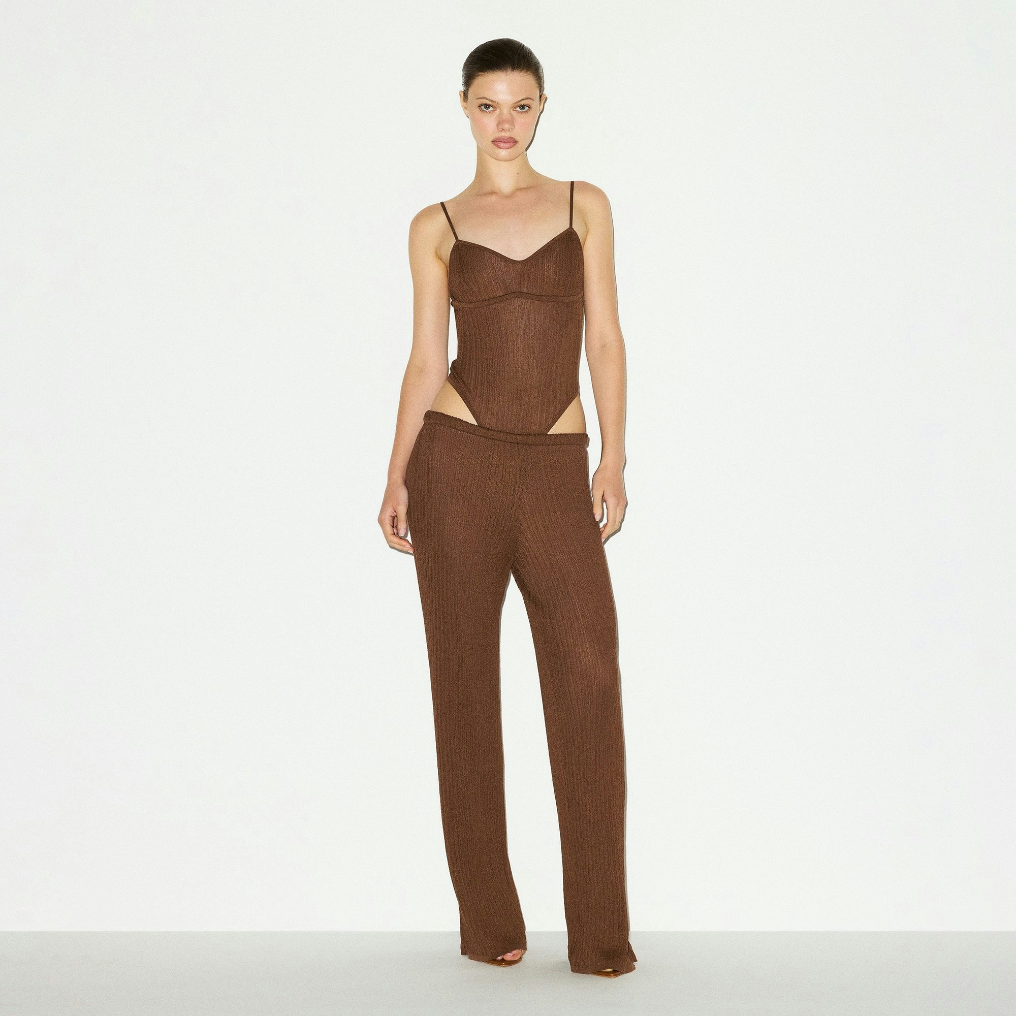 Skims Sheer Knit Cami Bodysuit Bison