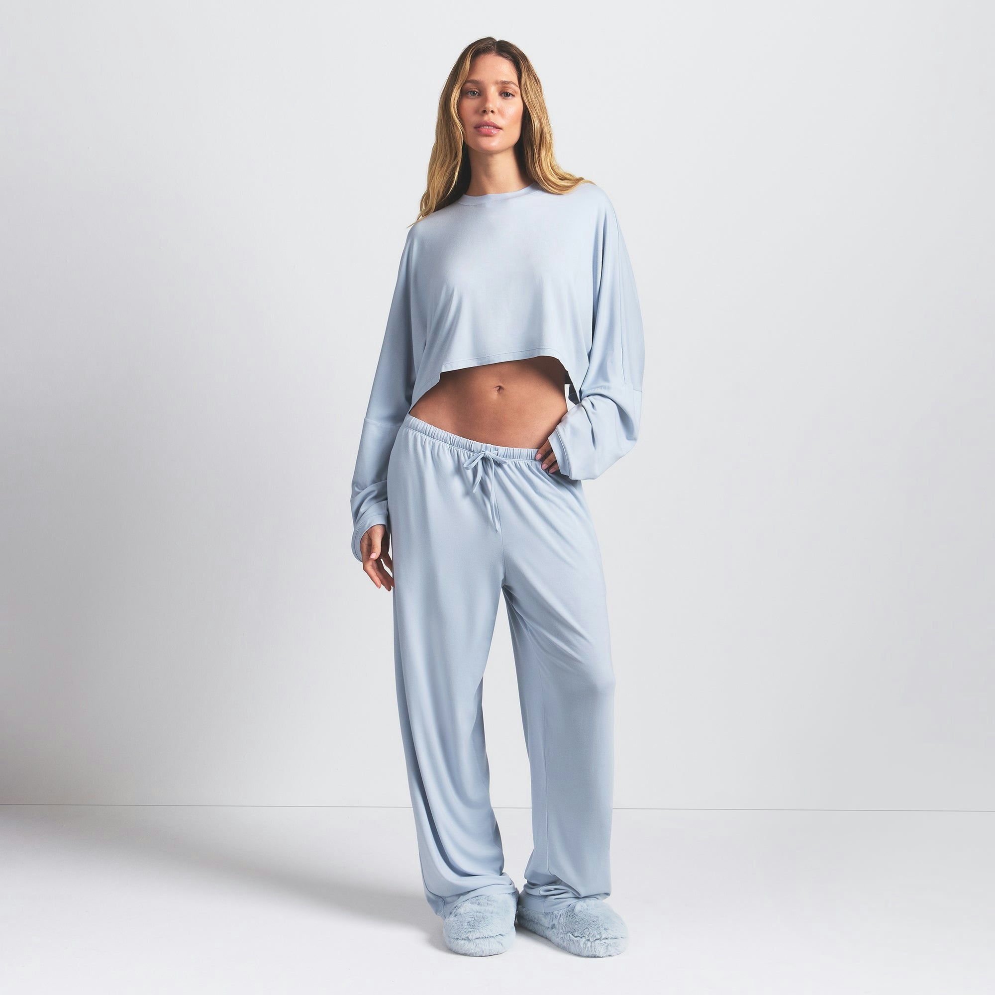 Skims Skims Sleep Cropped Long Sleeve And Pant Set Zen Blue