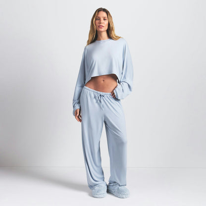 Skims Skims Sleep Cropped Long Sleeve And Pant Set Zen Blue