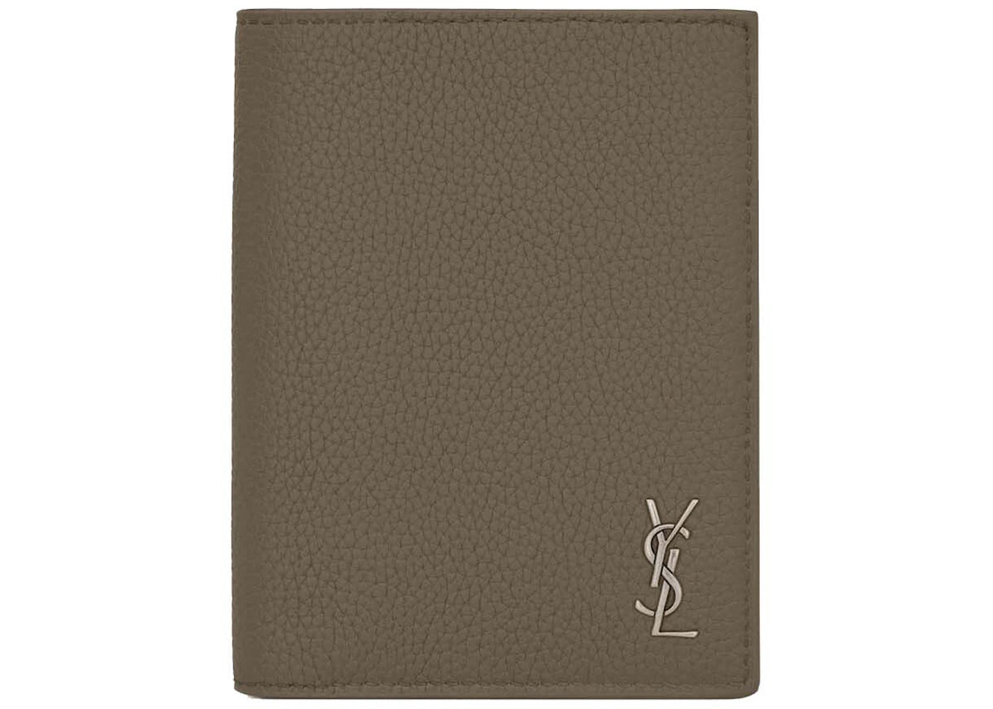 Saint Laurent Tiny Cassandre Credit Card Wallet In Grained Leather Dark Khaki