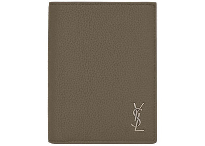 Saint Laurent Tiny Cassandre Credit Card Wallet In Grained Leather Dark Khaki