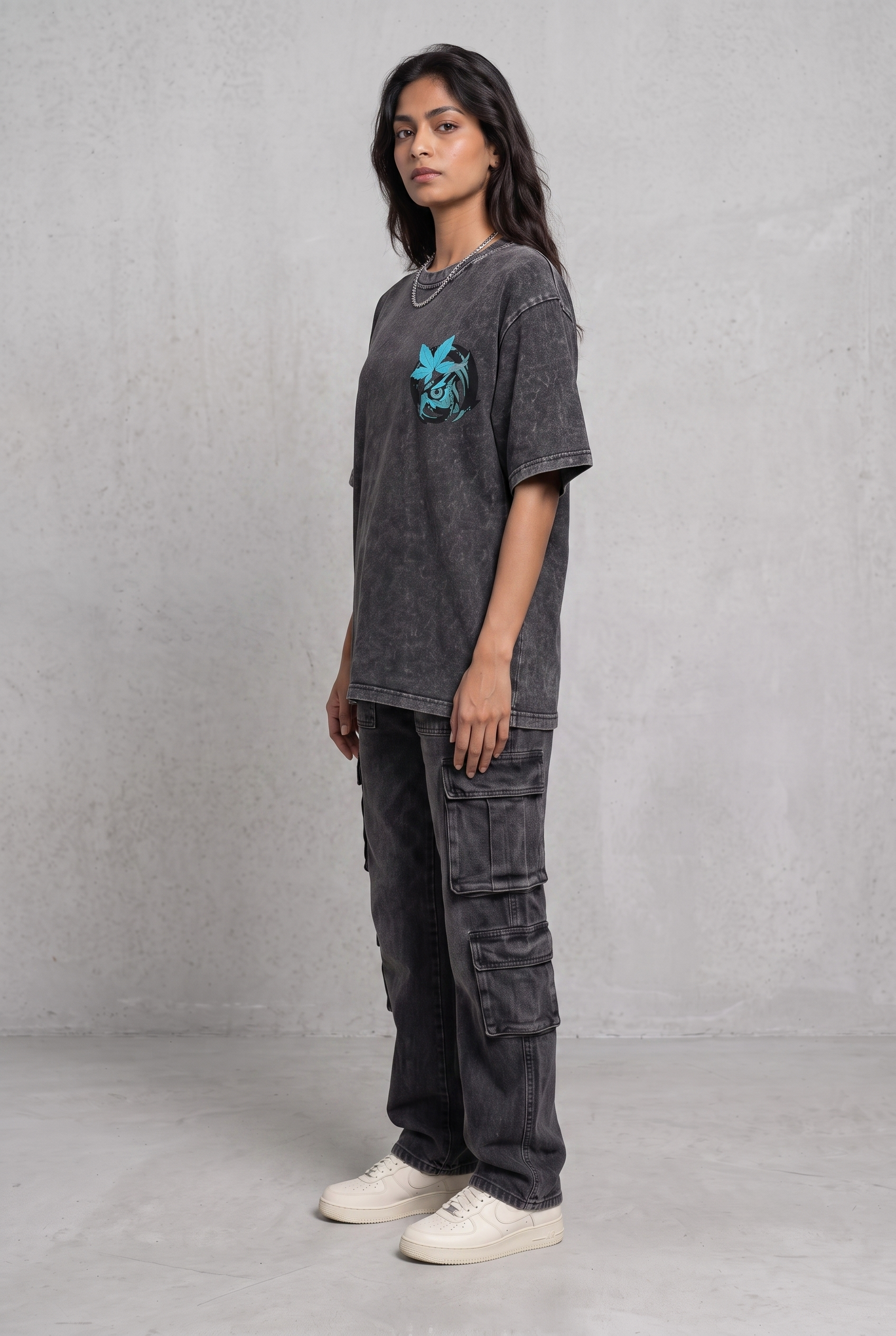 OWL VISION DARK GREY ACIDWASH WOMEN’S OVERSIZED T-SHIRT