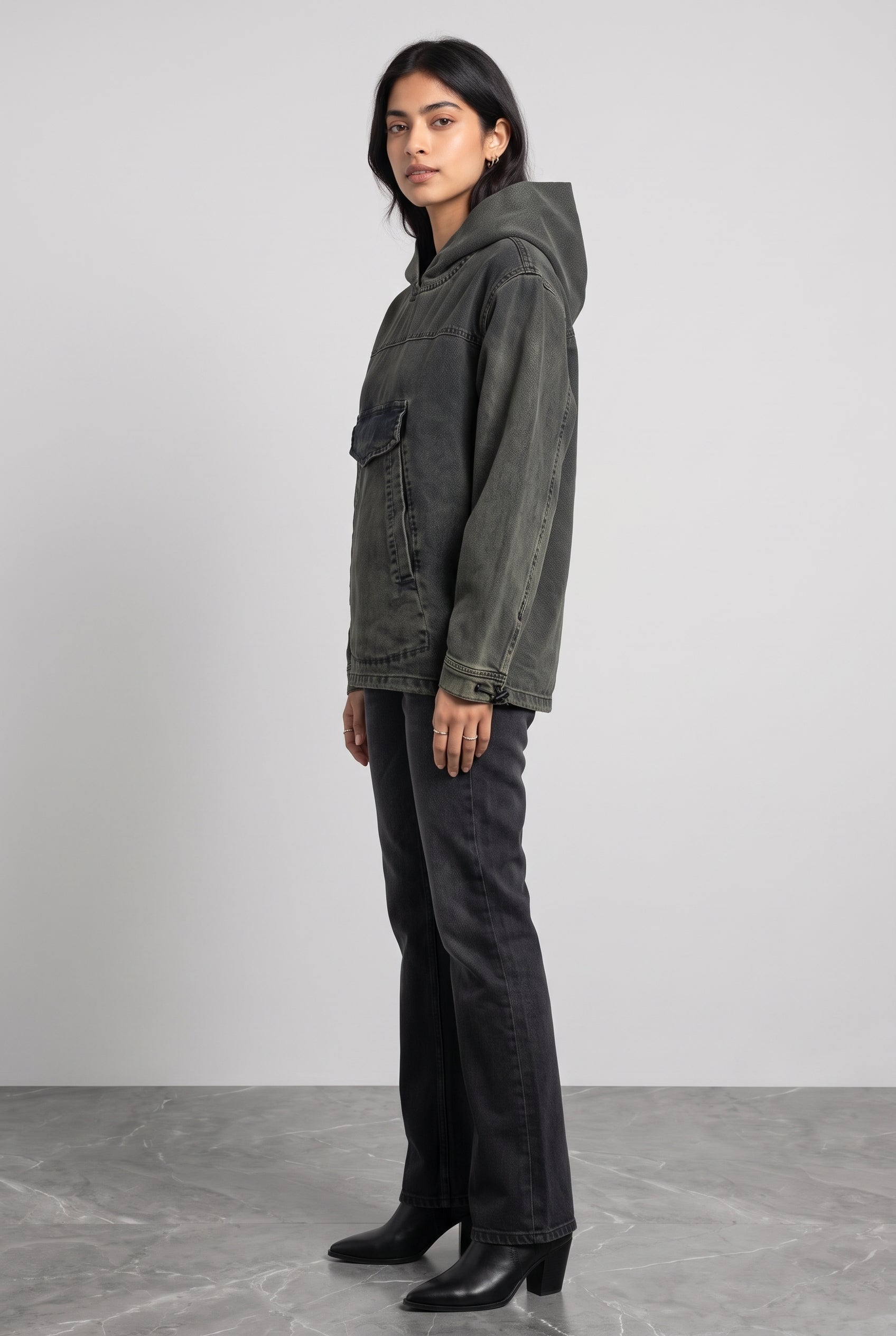 ACID WASH DENIM WOMEN'S HOODIE