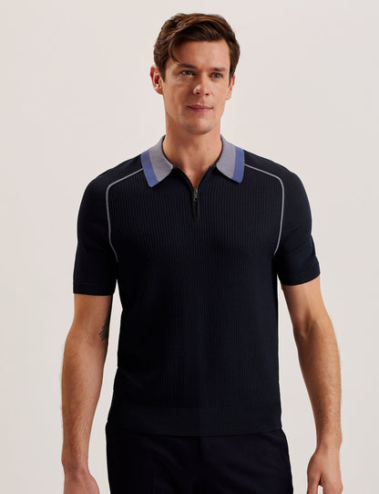 Ted Baker Paxto Textured Zip Polo With Striped Collar