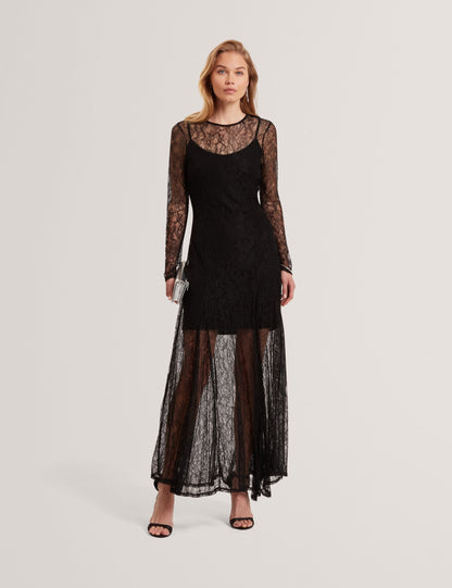 Ted Baker Black Sheer Lace Long Sleeve Maxi Dress Women's