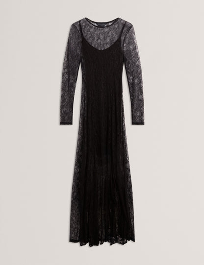 Ted Baker Black Sheer Lace Long Sleeve Maxi Dress Women's