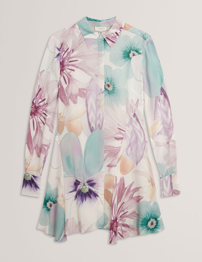 Ted Baker White Pastel Floral Print Mini Shirt Dress Women's