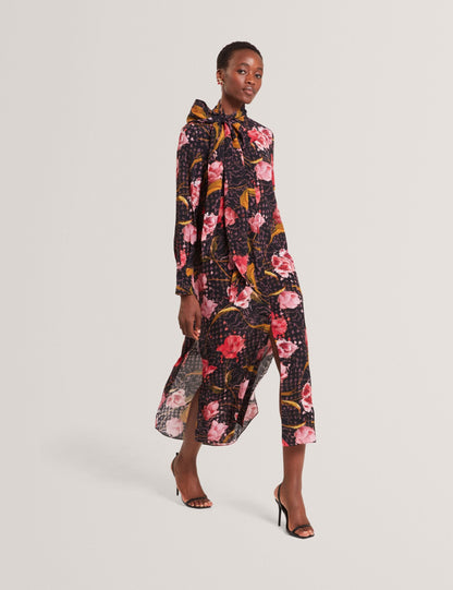 Ted Baker Elann Floral Check Tie Neck Midi Shirt Dress Women's