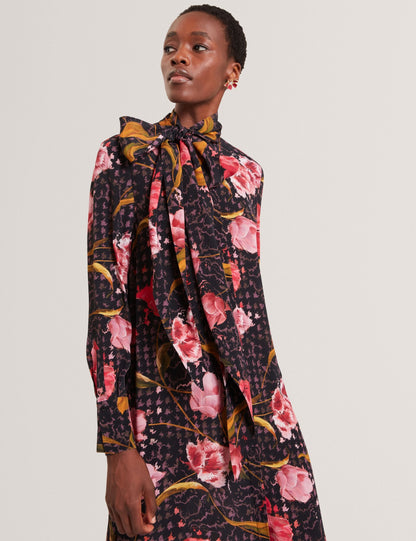 Ted Baker Elann Floral Check Tie Neck Midi Shirt Dress Women's