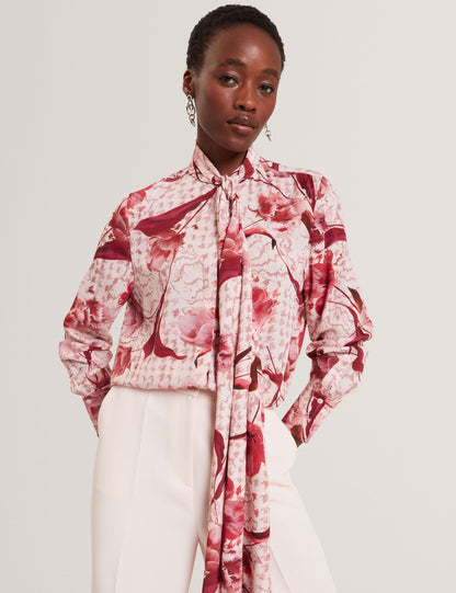 Ted Baker Corena Pink Floral Print Tie Neck Blouse Women's