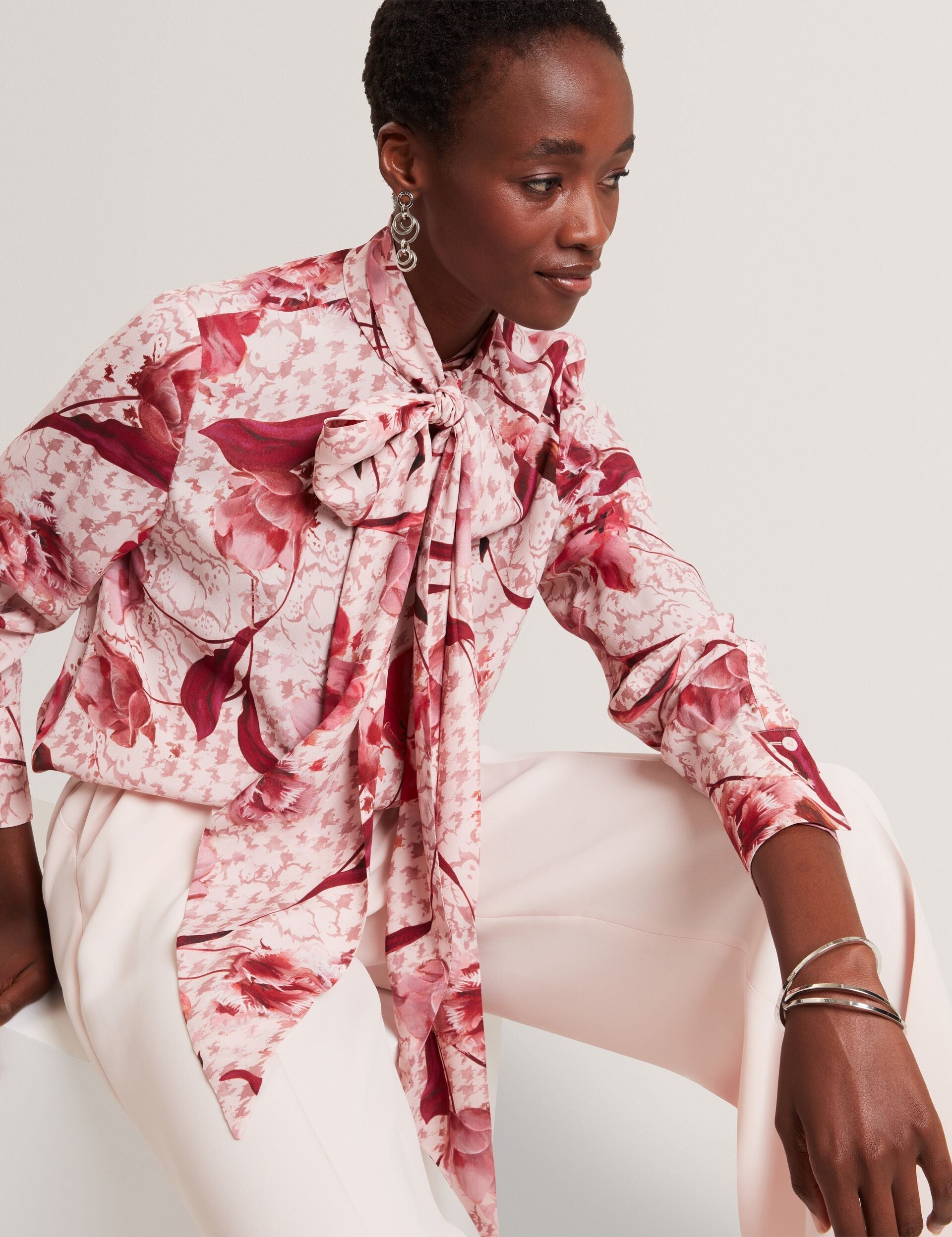 Ted Baker Corena Pink Floral Print Tie Neck Blouse Women's